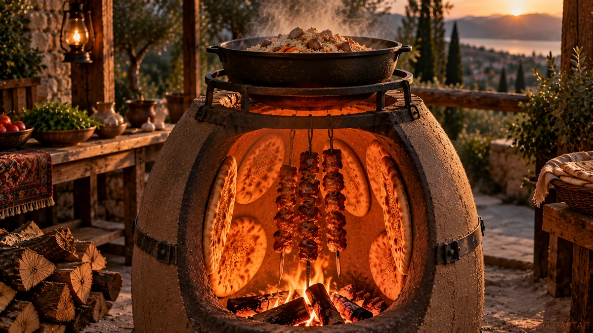 Лепёшки, мясо и плов, приготовленные в готовом домашнем тандыре