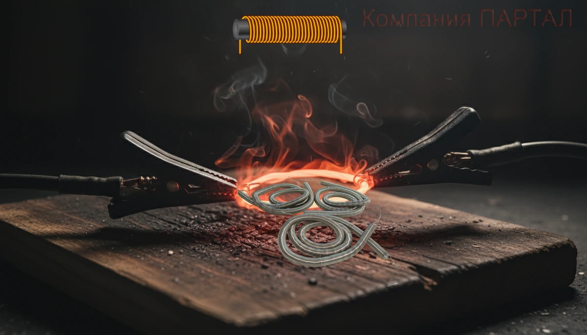 Отрезок нихромовой проволоки, подключенная зажимами-крокодилами, проверка на сопротивление