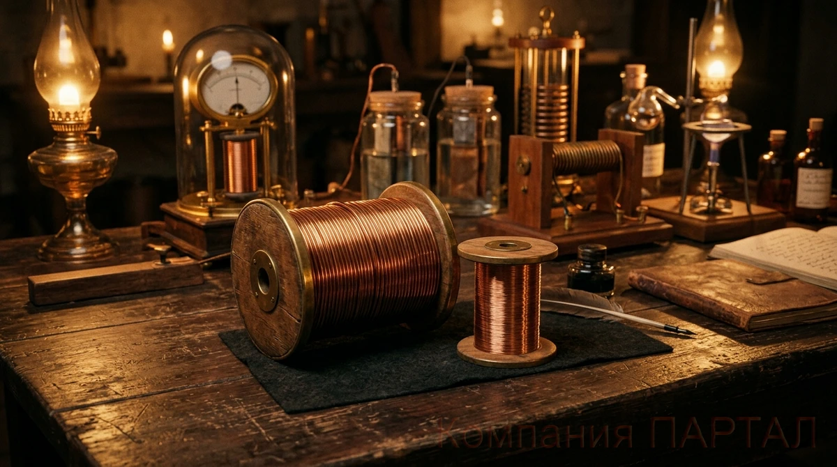 Катушки медной проволоки разной толщины и диаметра на деревянном верстаке