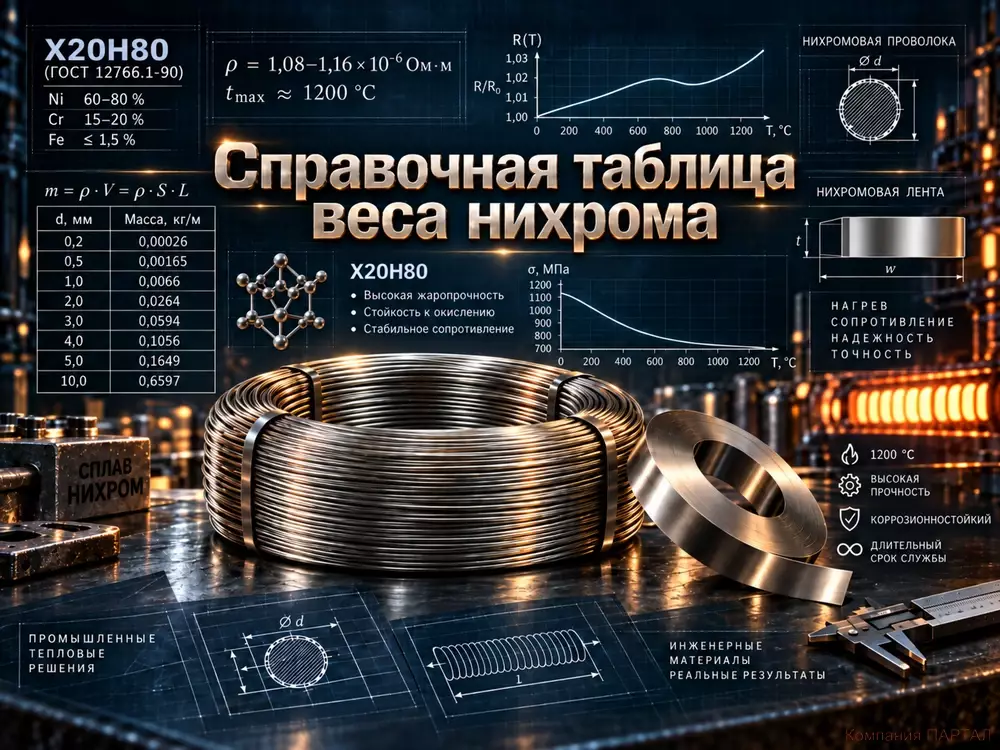 Таблица веса 1 метра нихрома Х20Н80 и Х15Н60: проволока и лента по ГОСТ 12766.1-90